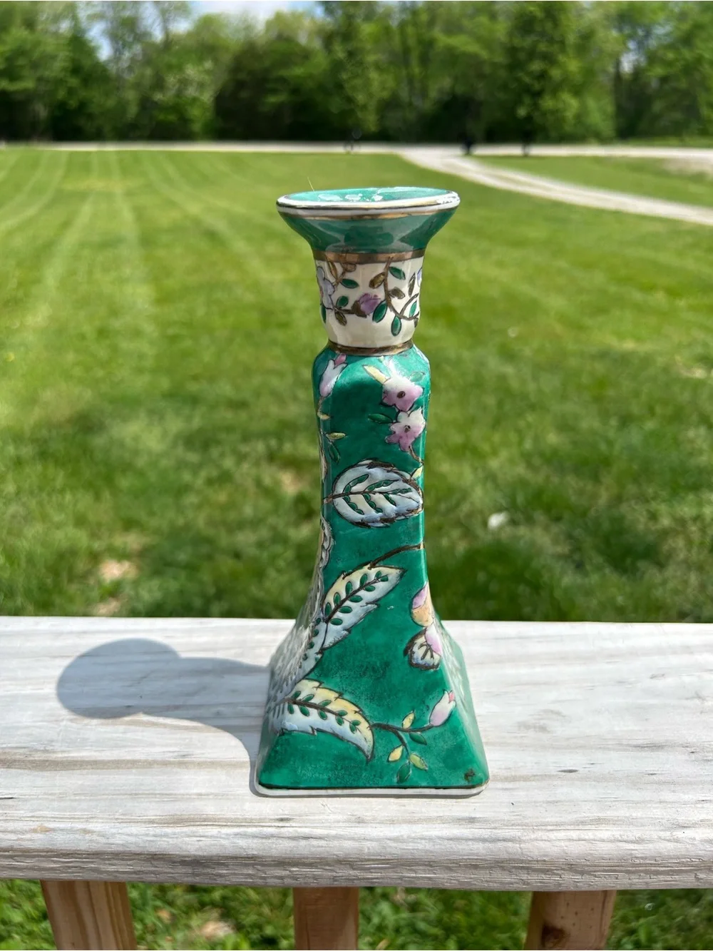 Vintage Japanese Candle Stick Holder Floral‎ Green Cottagecore Gold Tone Trim